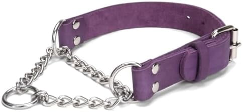 Martingale Collar for Dogs No-Pull Adjustable Training Collar with Stainless Steel Chain - Genuine Leather Anti-Slip Design for Small,Medium,Large Breed Dogs - Purple (M)