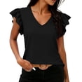 thumbnail image 1 of Pounoo Striped Tops for Women V Neck Short Sleeve Ruffle Cuff Blouses Beach Casual Lightweight Tunics Gift, 1 of 6