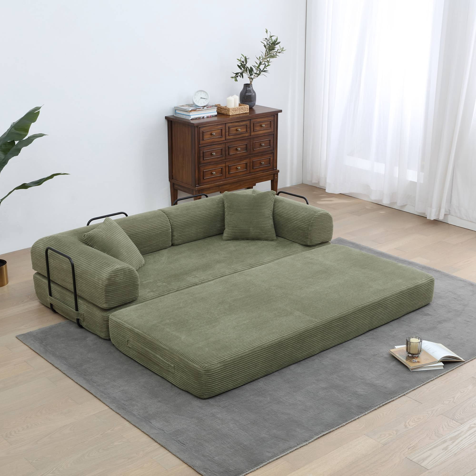 Convertible Sleeper Sofa Bed with Pillow, Corduroy Folding Mattress Floor Sofa Lounge Couch for Living Room, Bedroom, Light Green