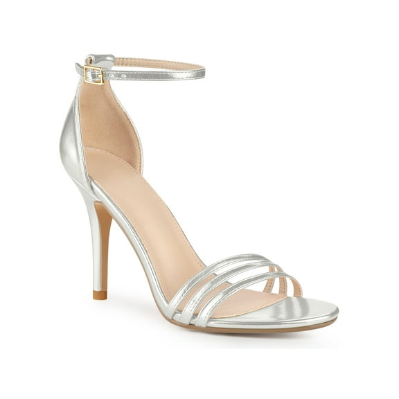 BLISSFUL STEP Open Toe Strappy Ankle Strap Stiletto Heel Sandals for Women Silver 7