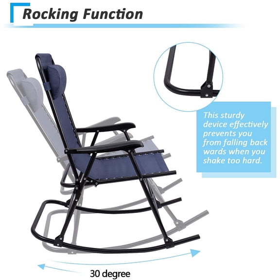 Furniwell Outdoor Rocking Zero Gravity Chair, Folding, Headrest, Steel Frame, Blue