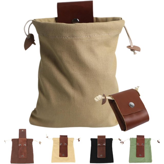 Foraging Bag, Belt Bag, Handmade Cowhide Canvas Foraging Bag, Haversack Bushcraft Bag Storage Folding Bag for Travel Camping Hiking, Leather Drawstring Bag