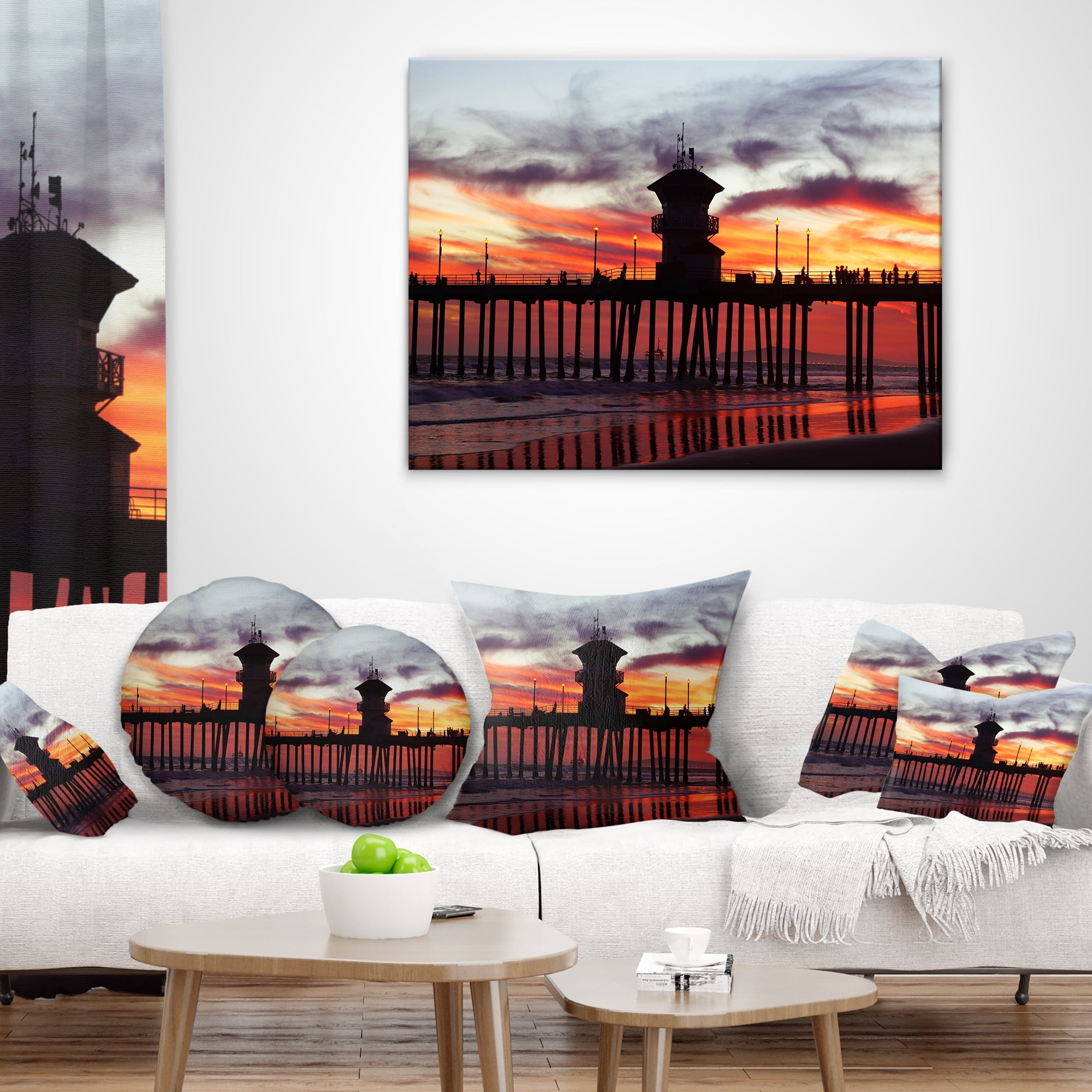 Designart Pier California at Sunset with Clouds - Seashore Throw Pillow - 16x16