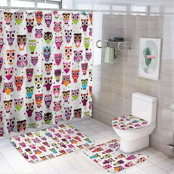 Owls Textile Pattern 4Pcs Shower Curtain Set Washable Bathroom Sets with Toilet Lid Cover and Non-Slip Rug Bath Accessories Decor