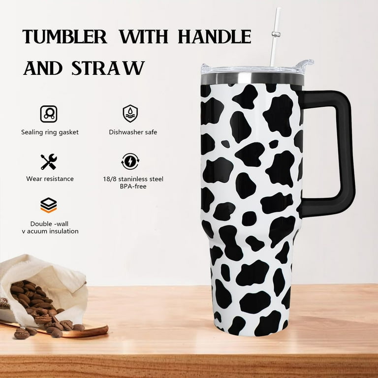 40oz Cow Tumbler With Handle,Cow Print Gifts for Women,Cow Print skinny  Tumbler with lid and Straw,Cow Print Coffee Travel Mug Cup Water bottle,Cow