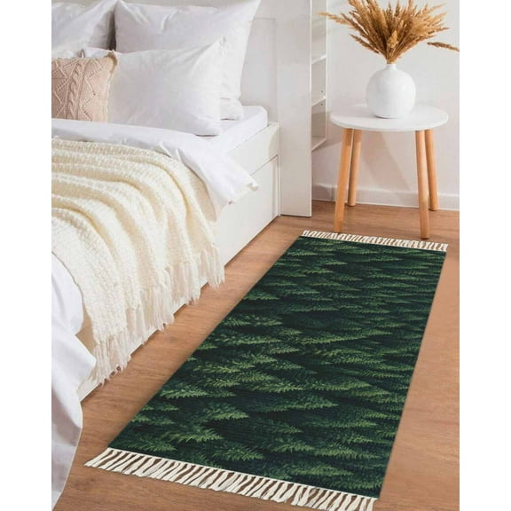 Green Forest Hallway Runner Rug 2x5ft,Modern Pine Trees Mysterious Art Washable Woven Living Room Bedroom Kitchen Bathroom Carpet with Tassels,Non-Shedding Indoor Outdoor Throw Door Mat for Entryway