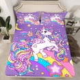 thumbnail image 3 of Homewish Dreamy Purple Unicorn Twin Sheet Sets, Cartoon Stars Rainbow Twin Fitted Sheet, Kawaii Cute Animal Flat Sheet, Microfiber Bedroom Decor, 3-Piece, 3 of 8