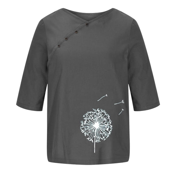 Mujeres 1/2 Manga Casual Cuello Redondo Impreso Botón Suelto Túnica Camisa Blusa Tops Fridja hjk789