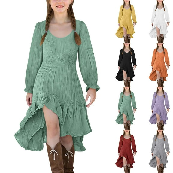 ATOGUTA Girls Fall Dress Long Sleeve Crew Neck Casual Holiday High Low Hem Dresses Size 5T-14, Green