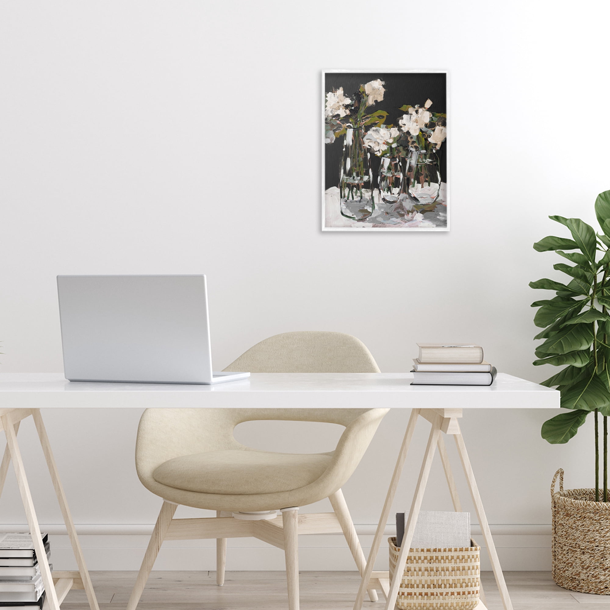 Stupell Industries Three Flower Vases on Black White Framed Giclee Art, design by Jane Slivka