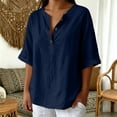 thumbnail image 3 of Short Sleeve Tops for Women Mid Sleeve Neck Button Solid Daily Casual Blouse Cute Summer Tops, 3 of 4