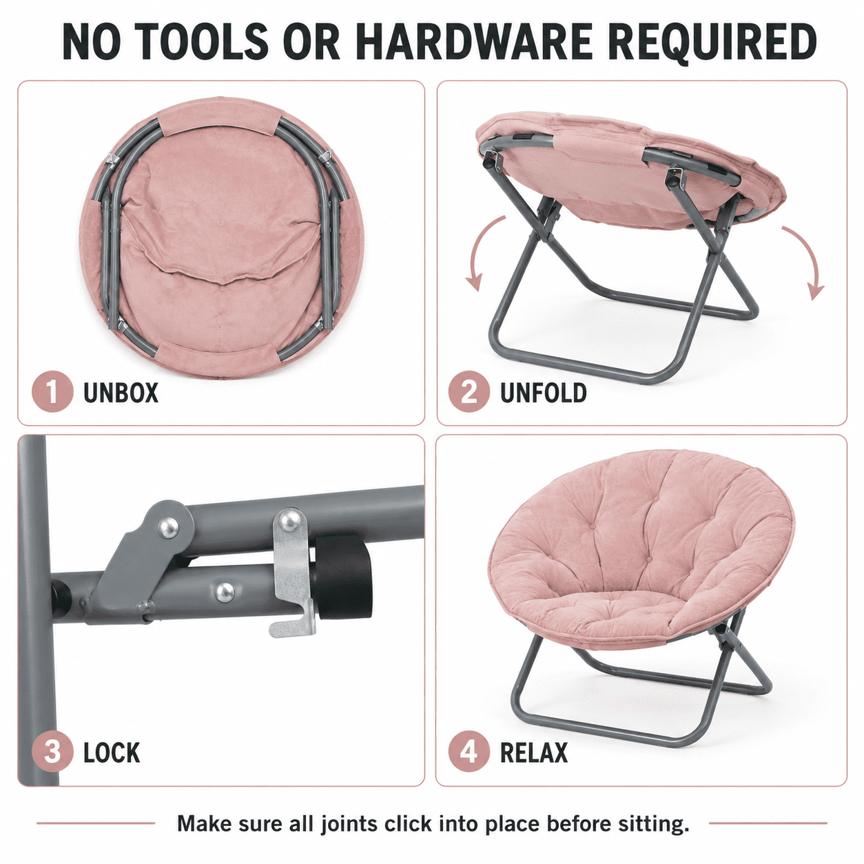 CLOUDREST PRO Soft Plush Folding Saucer Chair for Adults, Padded Round Lounge Seat, Metal Frame, 300 lb Capacity, Pink