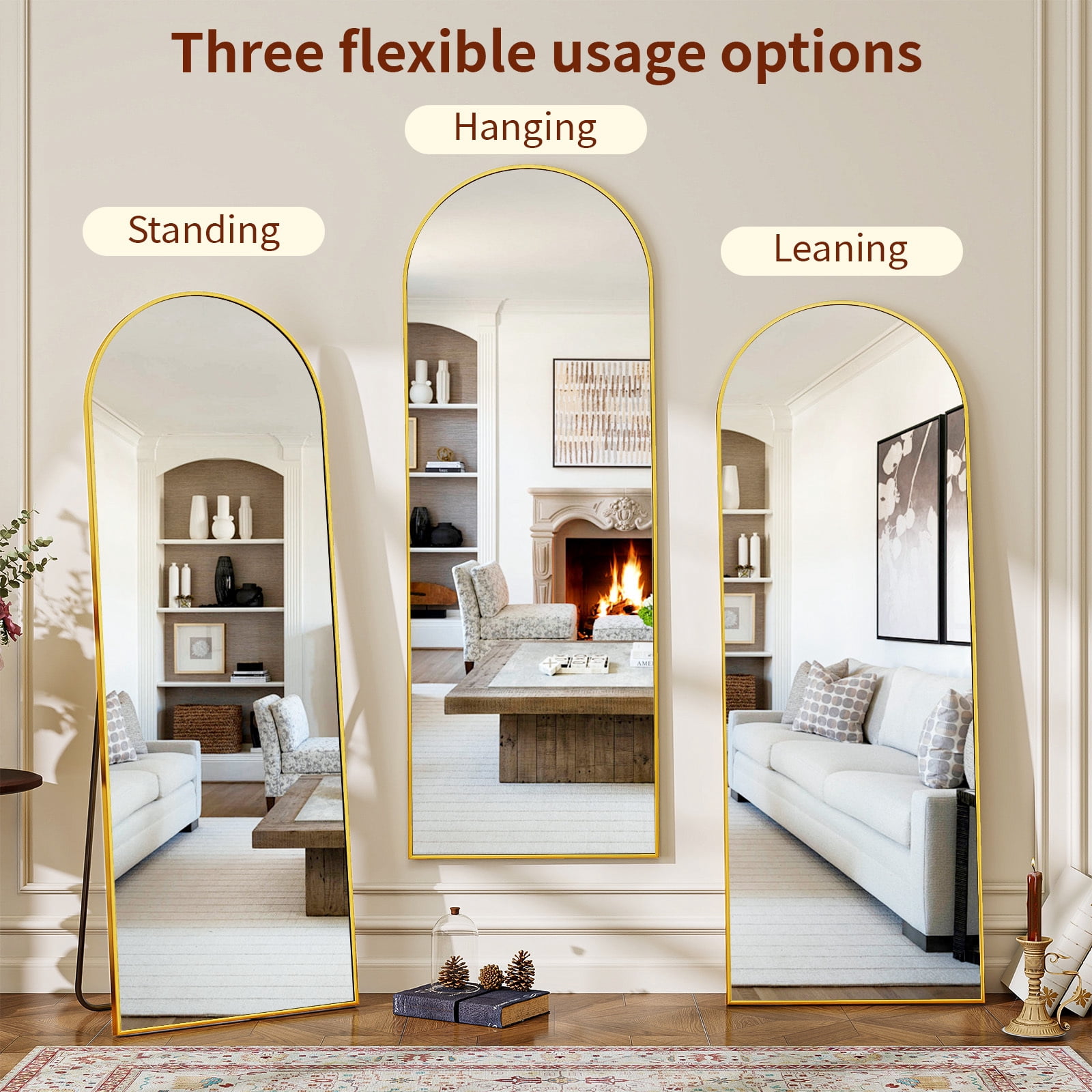 SEETHRUGLIMMER 68"x22.2" Arched Full Length Mirror Wall-Mounted Floor Mirror with Stand, Gold