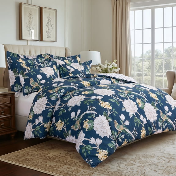 Levtex Home - Belvedere Navy Duvet Cover Set - Full/Queen Duvet Cover (90x94in) and Two Standard Shams (20x26in) - Botanical Floral Bird Design - Cotton - No Duvet Insert Included
