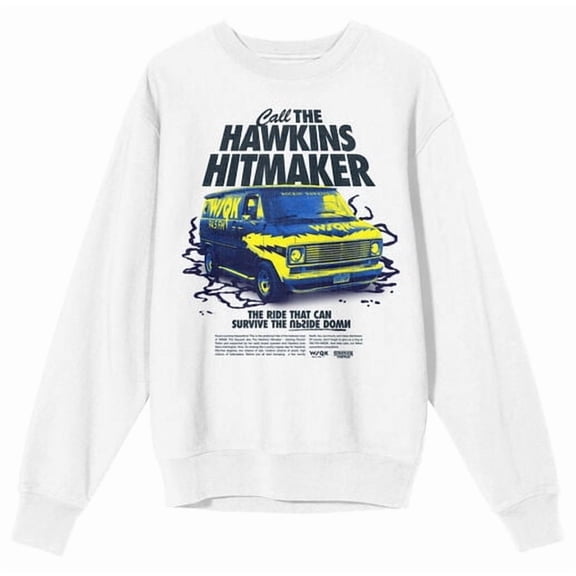 Stranger Things Call The Hawkins Hitmaker Adult White Crew Neck Long Sleeve Sweatshirt-Medium