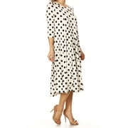 MOA Collection Women's Loose Fit Scoop Neck 3/4 Sleeve Polka Dot Patterned A-Line Midi Dress