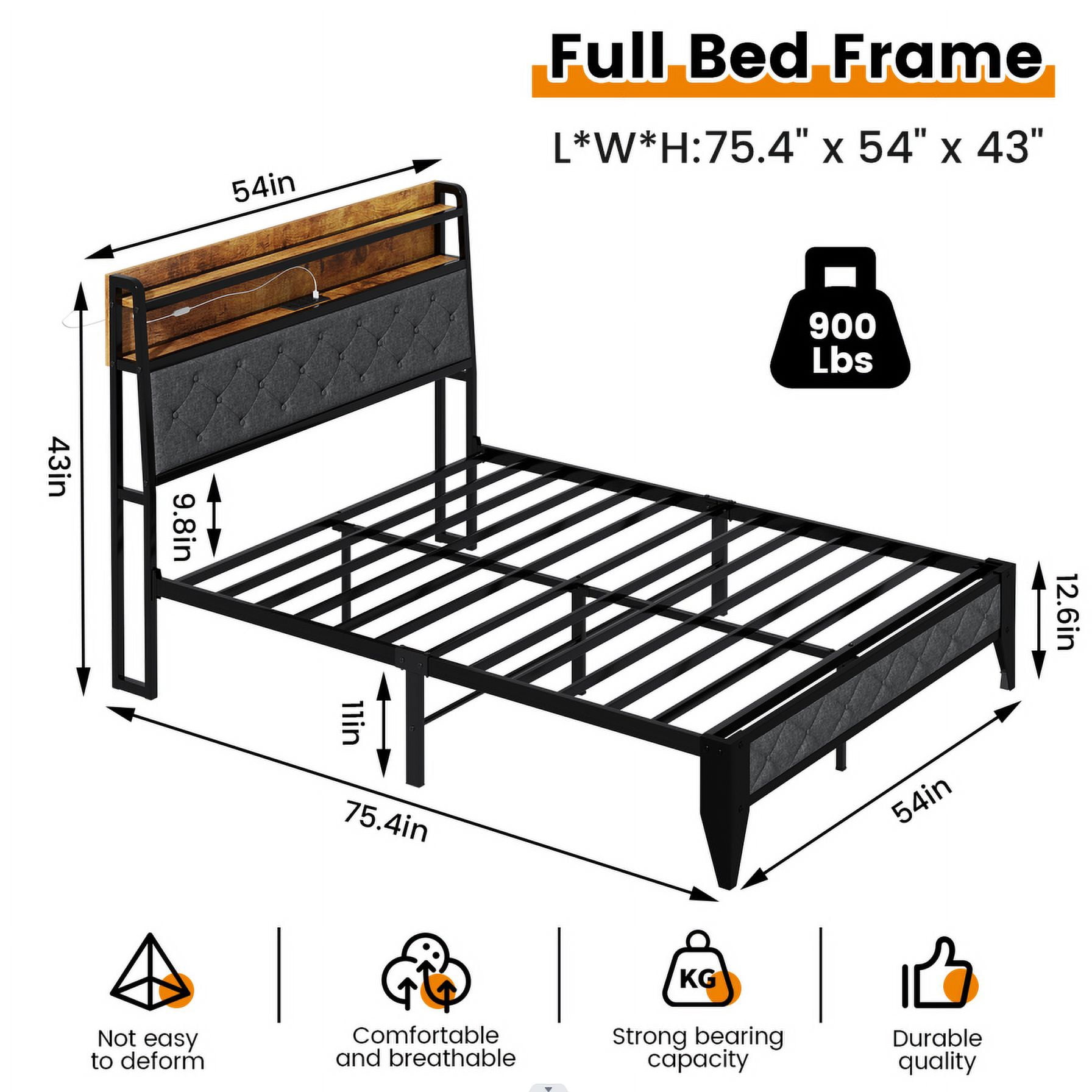 Winkalon Full Size Upholstered Platform Bed Frame with Charging Station & LED Lights,Light Gray