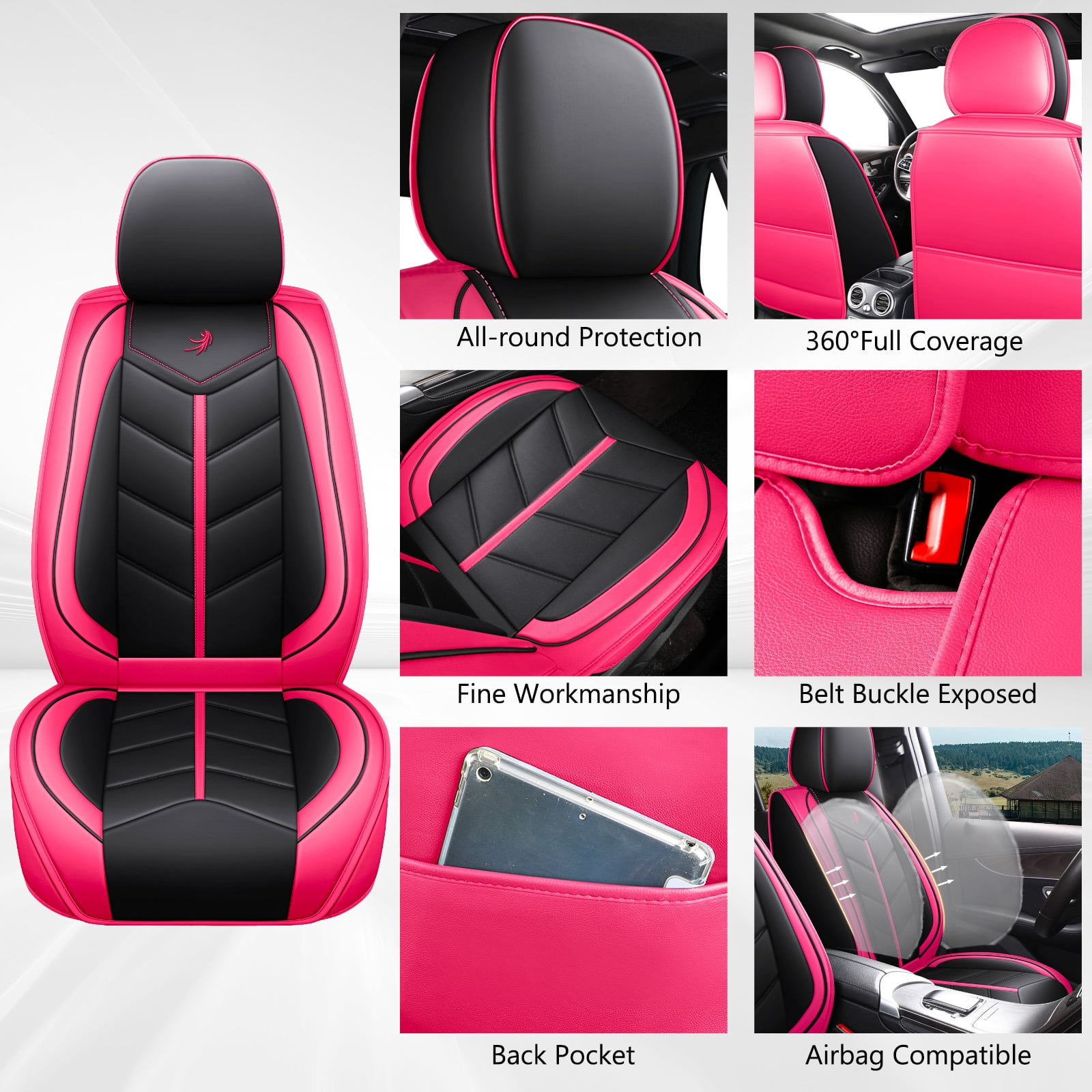 OTOEZ Universal Pink Car Seat Cover PU Leather 5-Seat Full Set Waterproof Front & Rear Cushion Protector Fit Most Honda Toyota Chevy Ford Nissan SUV