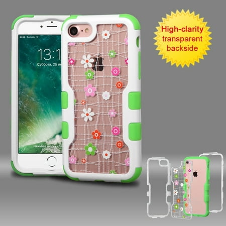 Insten Ivory White Frame+Transparent Tiny Blossoms PC Back/Electric Green TUFF Vivid Hybrid Case for Apple iPhone