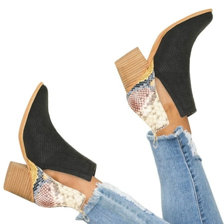 

Women Boots Pointed Shoes Winter Snake Pattern Fashion Splicing High Heel Shoes