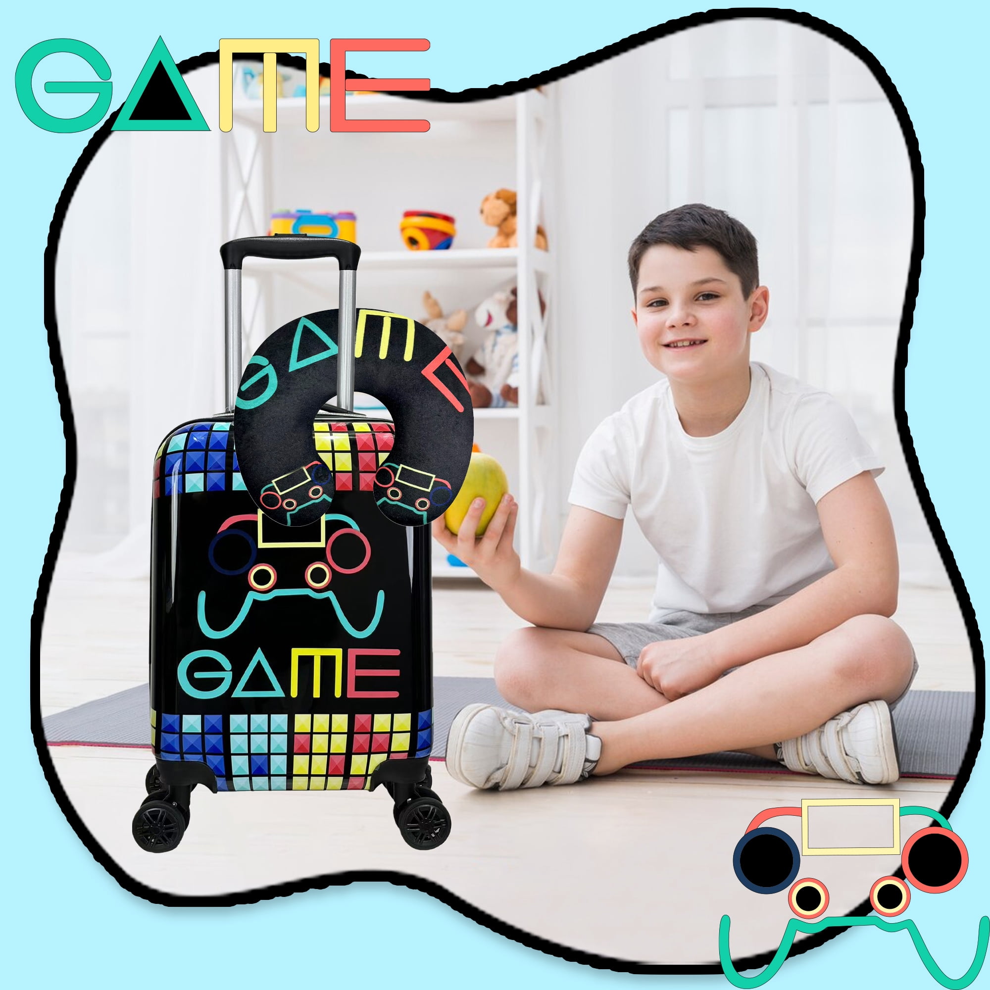 Kids Carry on Luggage Sets with Neck Pillow Airplane Small Hardshell Kids' Suitcases for Boys with Wheels Travel Essentials for Kids 16 Inch Black Suitcase