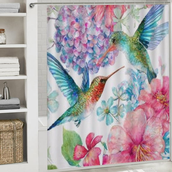 RKSupls Valentine's Day Shower Curtain, Levens Hummingbird Flower Shower Curtain with Hooks for Home Bathtub Bathroom  Decor Washable Curtains, 72x72 in