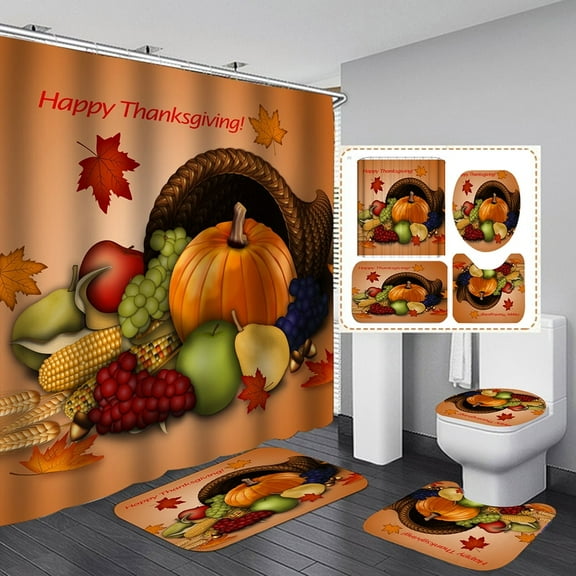4pcs Fall Shower Curtain Set With Pumpkin Maple Leaves Decor, Autumn Harvest Happy Thanksgiving Shower Curtains For Farmhouse Bathroom Decor