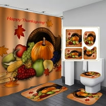 4pcs Fall Shower Curtain Set With Pumpkin Maple Leaves Decor, Autumn Harvest Happy Thanksgiving Shower Curtains For Farmhouse Bathroom Decor
