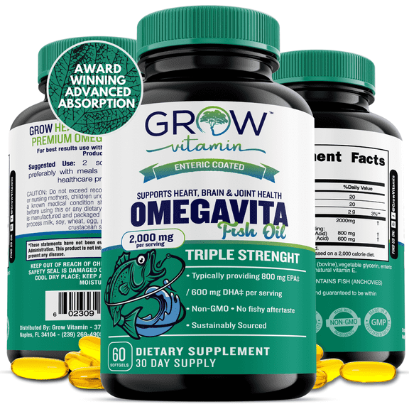 Grow Vitamin OmegaVita Omega 3 Fish Oil Softgels - 2000mg, 800mg EPA, 600mg DHA, Natural Lemon Oil, 30 Day Supply