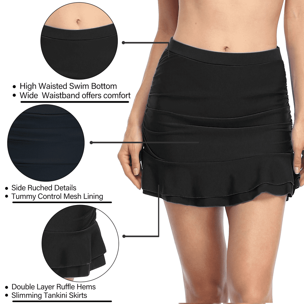 Hilor Women's Skirted Bikini Bottom High Waisted Swim Bottom Shirred Ruffle Swim Skirt