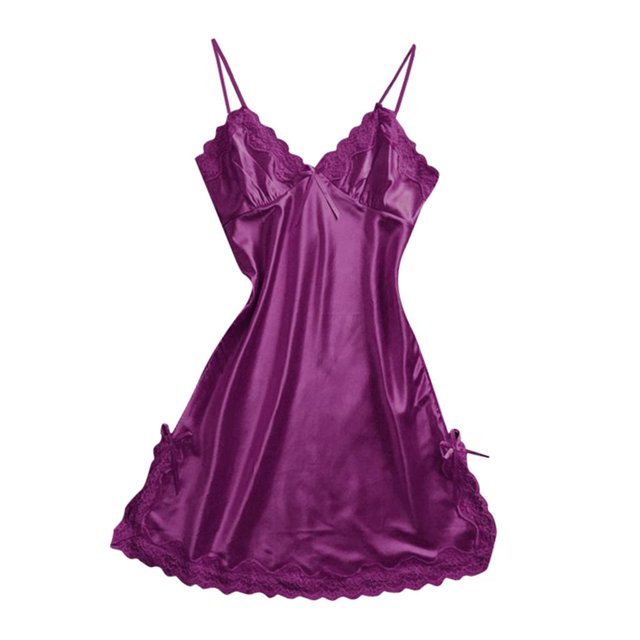 Lencería sexy de satén con lazo y encaje para mujer, babydoll con escote en V, vestido de dormir tipo camisola XXL