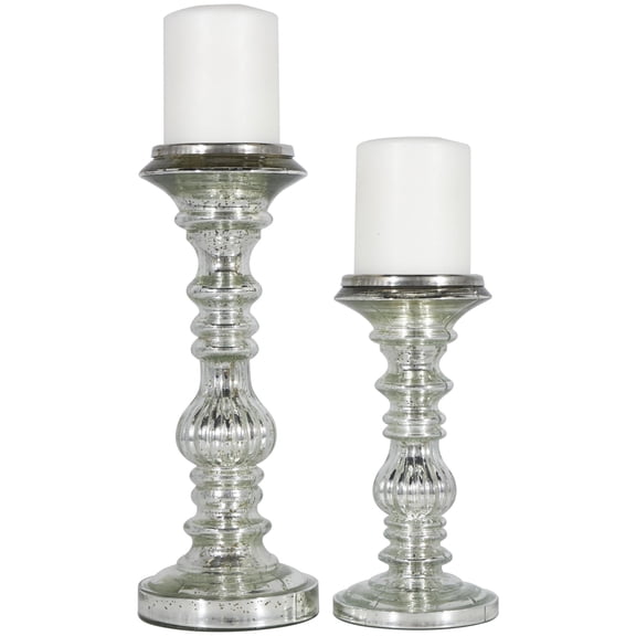 DecMode 2 Candle Silver Metal Handmade Turned Style Pillar Candle Holder, Set of 2