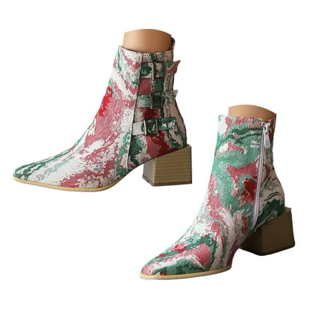 

Mepaouo Bright Leather Ankle Boots Women Pointed Toe Buckles Cowboy Boots Fashion Western Booties