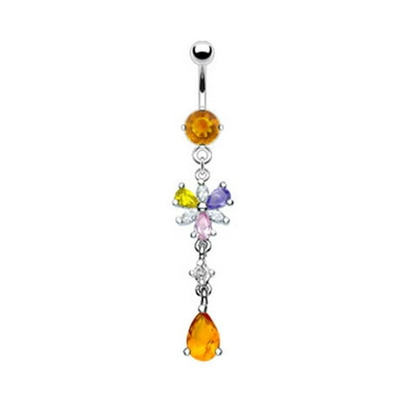 Multi Color Jeweled Flower - Citrine Colored Jeweled Belly Ring With Dangling Multi-Color Flower And Citrine Stone