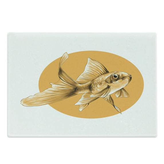 Goldfish Cutting Board, Goldfish Sketchy Graphic on the Background of an Orange Circular Spot, Decorative Tempered Glass Cutting and Serving Board, in 3 Sizes, by Ambesonne