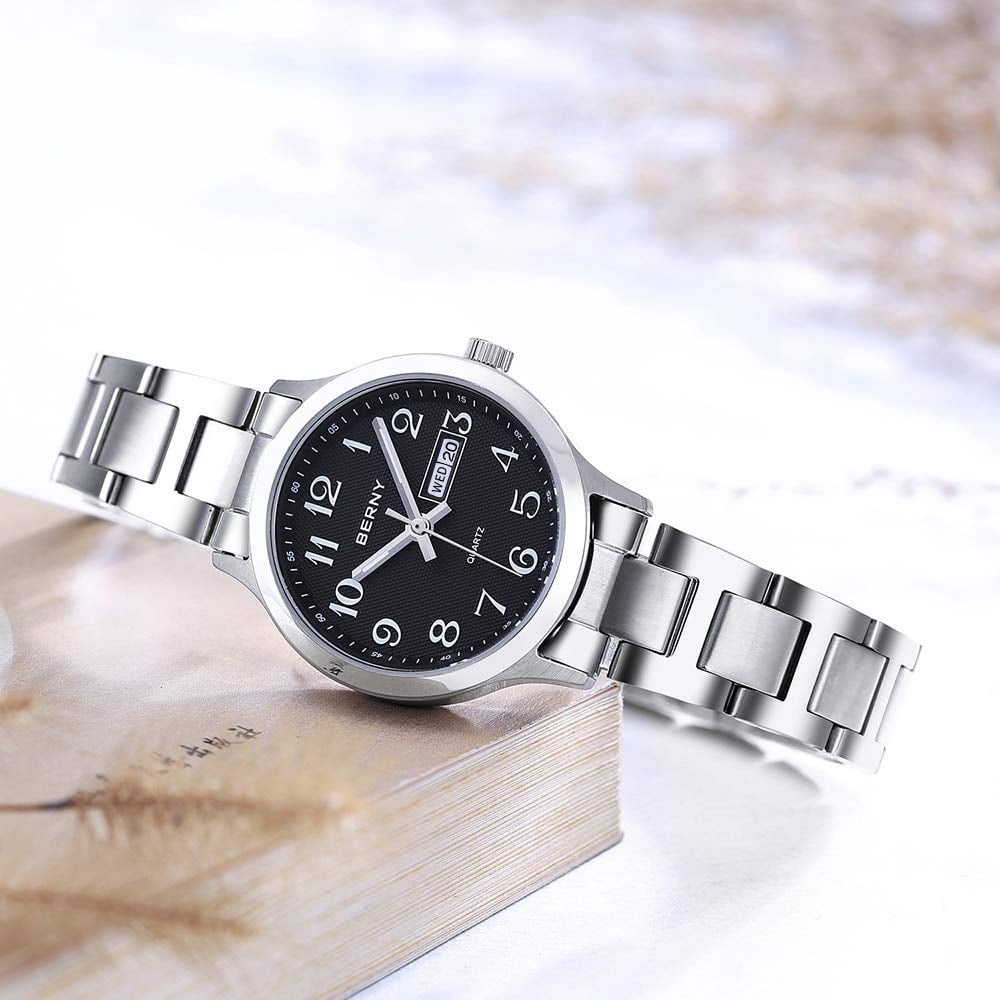 BERNY Silver Watch for Women, Fashion Easy to Read Ladies Analog Quartz Wrist Watch with Day & Date Calendar, Luminous, Stainless Steel, Waterproof, Business Dress Women's Watches (Black)