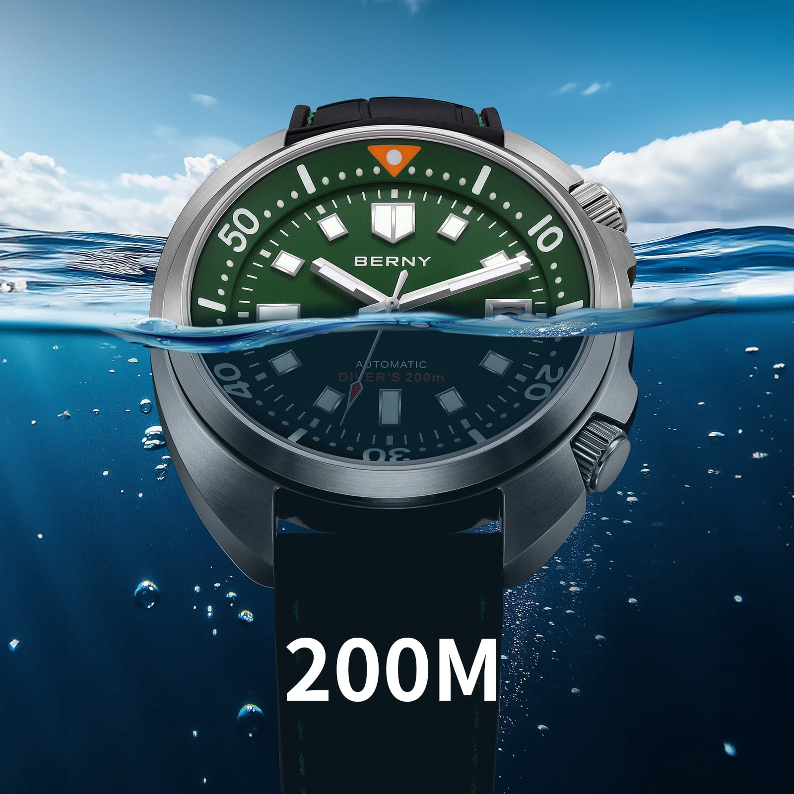 BERNY Automatic Dive Watches for Men, Sport 200M Waterproof Analog Mechanical Watch with Date Display, Super Luminous, Silicone Strap, Sapphire Crystal, Fashion Men's Diver Watch (Green)