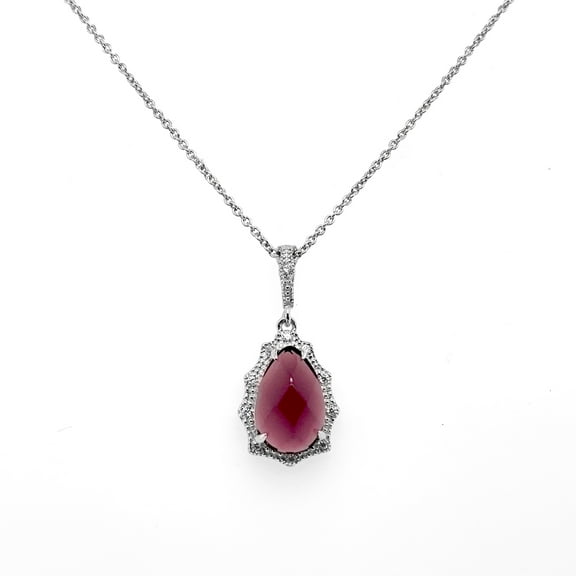 Halo Drop Necklace Red Garnet White Gold for Women Rhodium Finish Sterling Silver Cz Glitz Design
