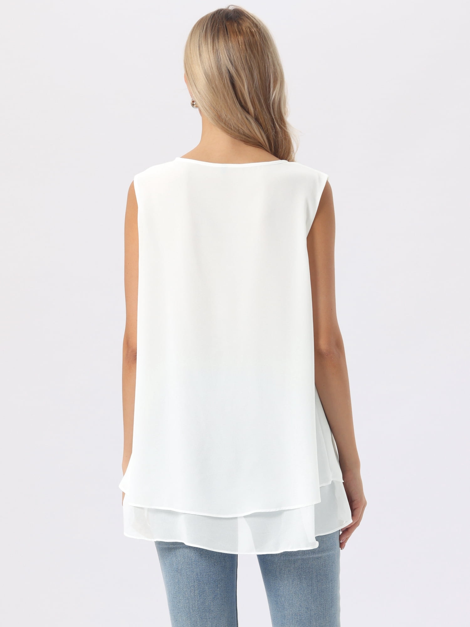 DARING DIVA Women's Chiffon V Neck Double Layer Flowy Tunic Shirts S White