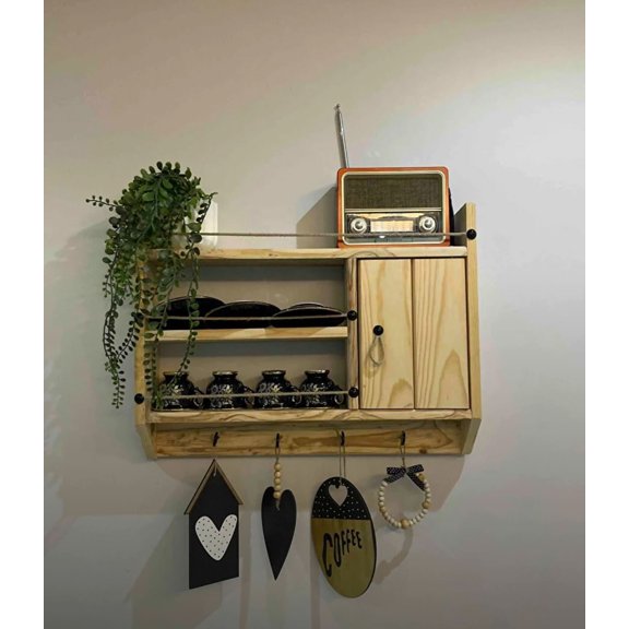 wooden spice display shelf, glass mug organizer, unfinished wall shelf, wooden shelf for bathroom kitchen, keychain mailbox decorative shelf for entry with hanger and three shelves