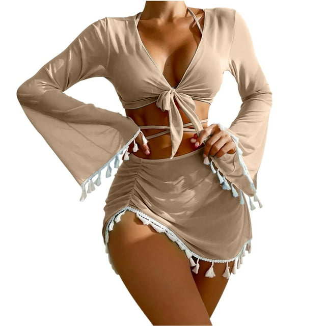 HKEJIAOI Halter Triangle String Swimsuit Solid Bathing Suits with Tassel Cover-up Set Coffee M