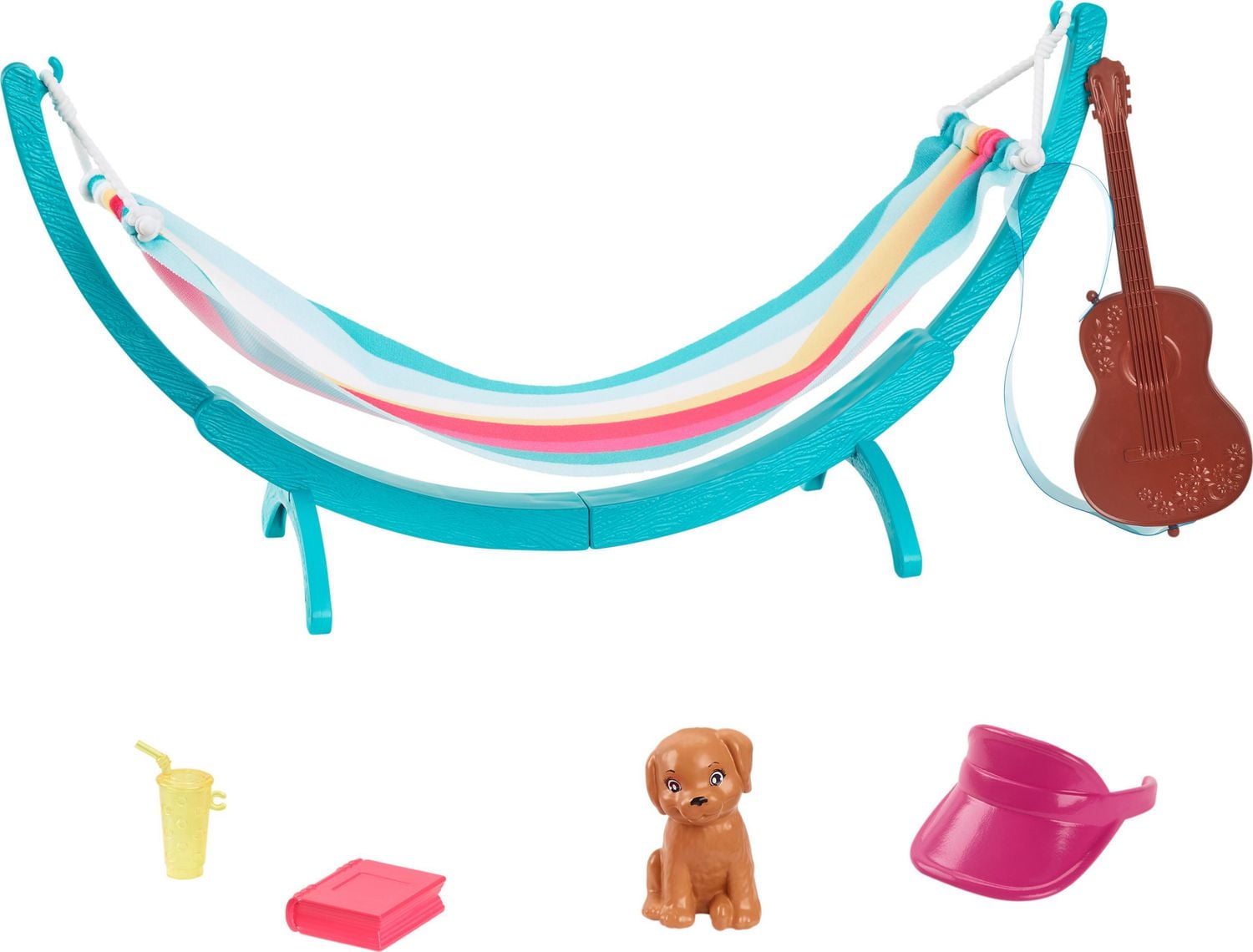 Barbie World Hammock Set with 7 Camping Accessories Including Swinging Hammock with Guitar & Puppy - Walmart Exclusive, Ages 3+