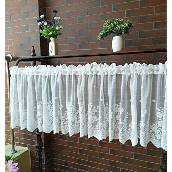 White Lace Valances for Windows 51x16inch, Lace Floral Embroidered Semi Sheer Curtain for Kitchen Cafe Dinning Bath Room 1 Pcs (White)