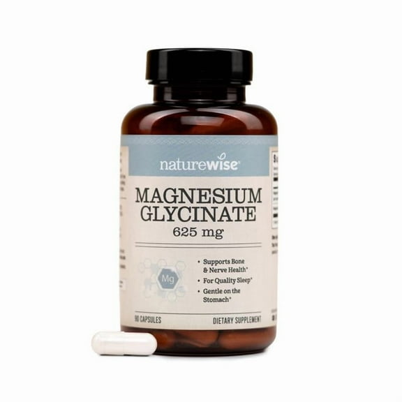NatureWise Magnesium Glycinate 625 mg - Equal to 125 mg Elemental Mg - Chelated Magnesium Glycinate for Sleep, Relaxation, Muscle & Bones* - Gentle on Stomach, Vegan - 90 Capsules[90-Day Supply]