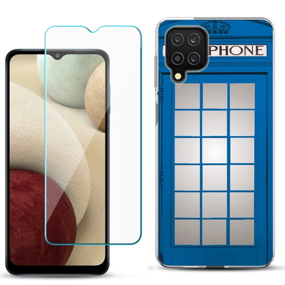 Slim-Fit Shockproof Phone Case compatible with Samsung Galaxy A12, with Tempered Glass Screen Protector, by OneToughShield ® - Phone Booth Blue