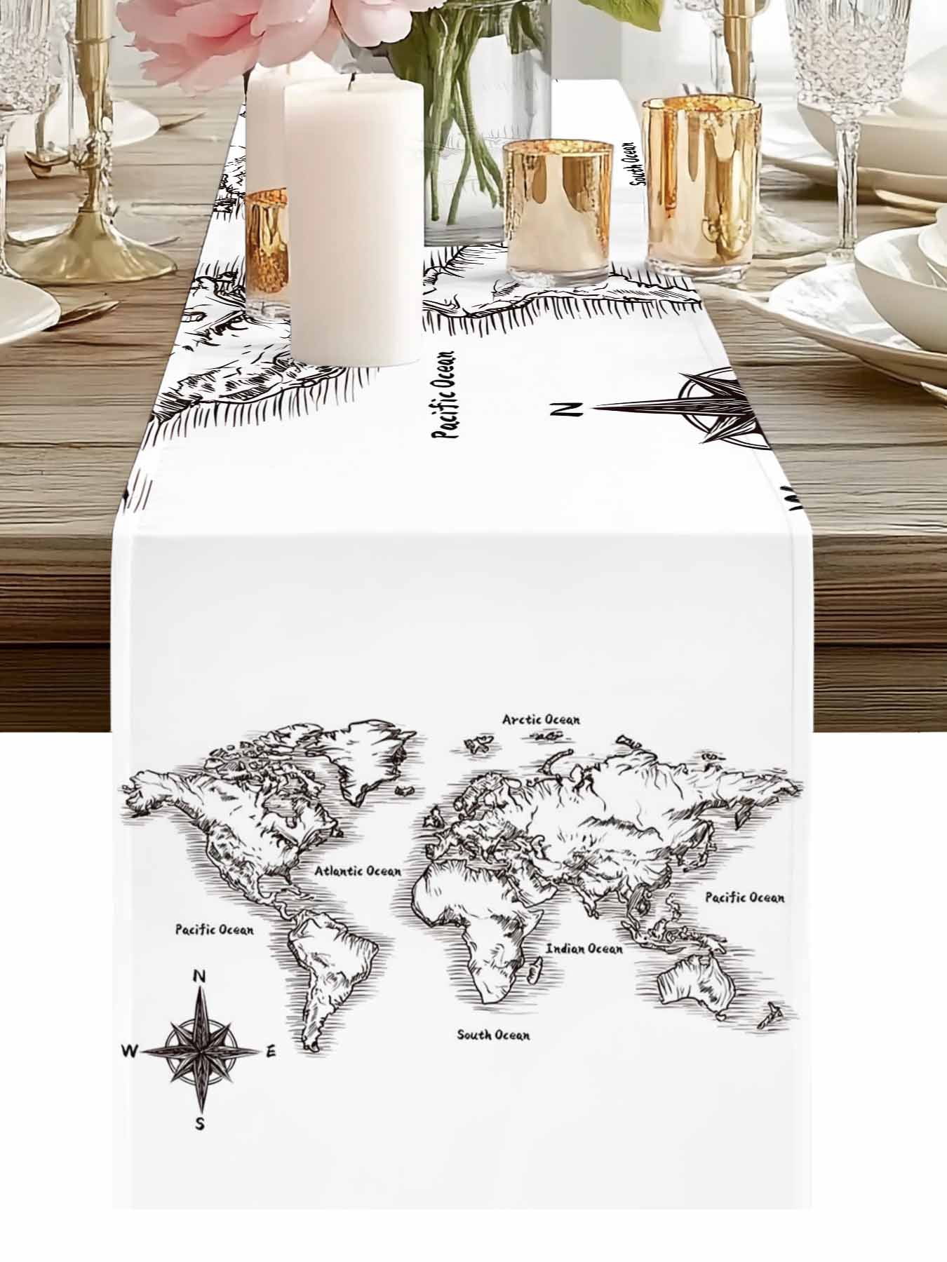 Sea Map Table Runner, Vintage Black White Nautical Travel World Map Compass Washable Cotton-linen Table Runners Dining Kitchen Decoration for Everyday Home Wedding Party Decor, 13 x 108 Inch