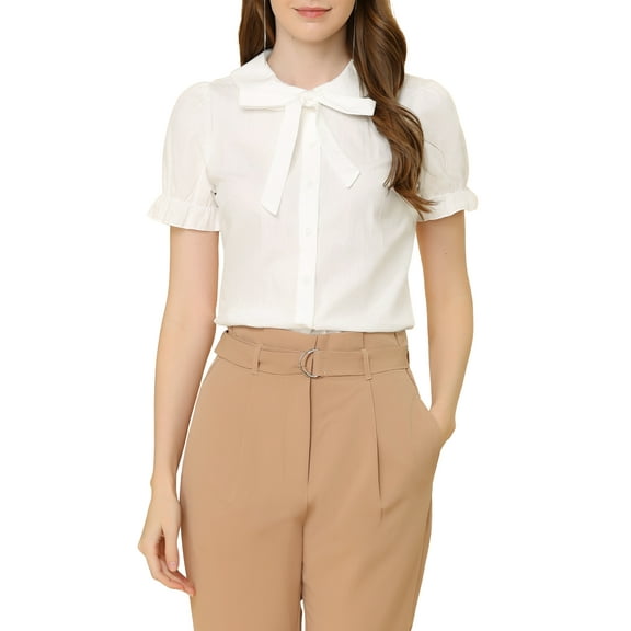 INSPIRE CHIC Women's Blouse Vintage Peter Pan Collar Tie Neck Casual Cute Cotton Button-Up Shirt XS White