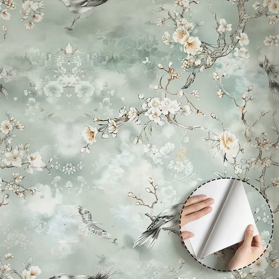 Vintage Watercolor Floral Bird Wallpaper Rustic Aesthetic Peel and Stick Waterproof Wallpaper, Home Decor Wall Decoration for Living Room Bedroom Bathroom Kitchen Cabinet Dorm Room 17.7 * 118 in