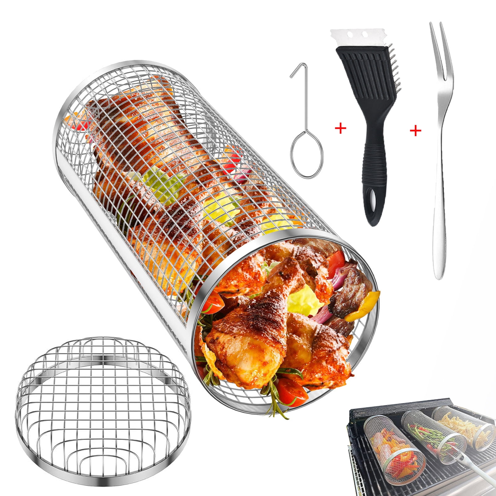 Rolling Grill Basket BBQ Accessories, Barbecue Stainless Steel Mesh Cylinder, Grill Vegetables