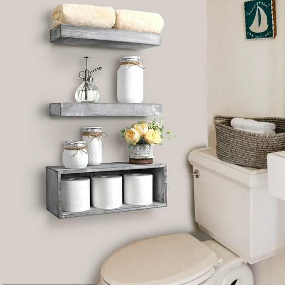 3-Piece Farmhouse Wood Wall Mounted Floating Bathroom Shelves, Rustic Grey Storage and Decor Set